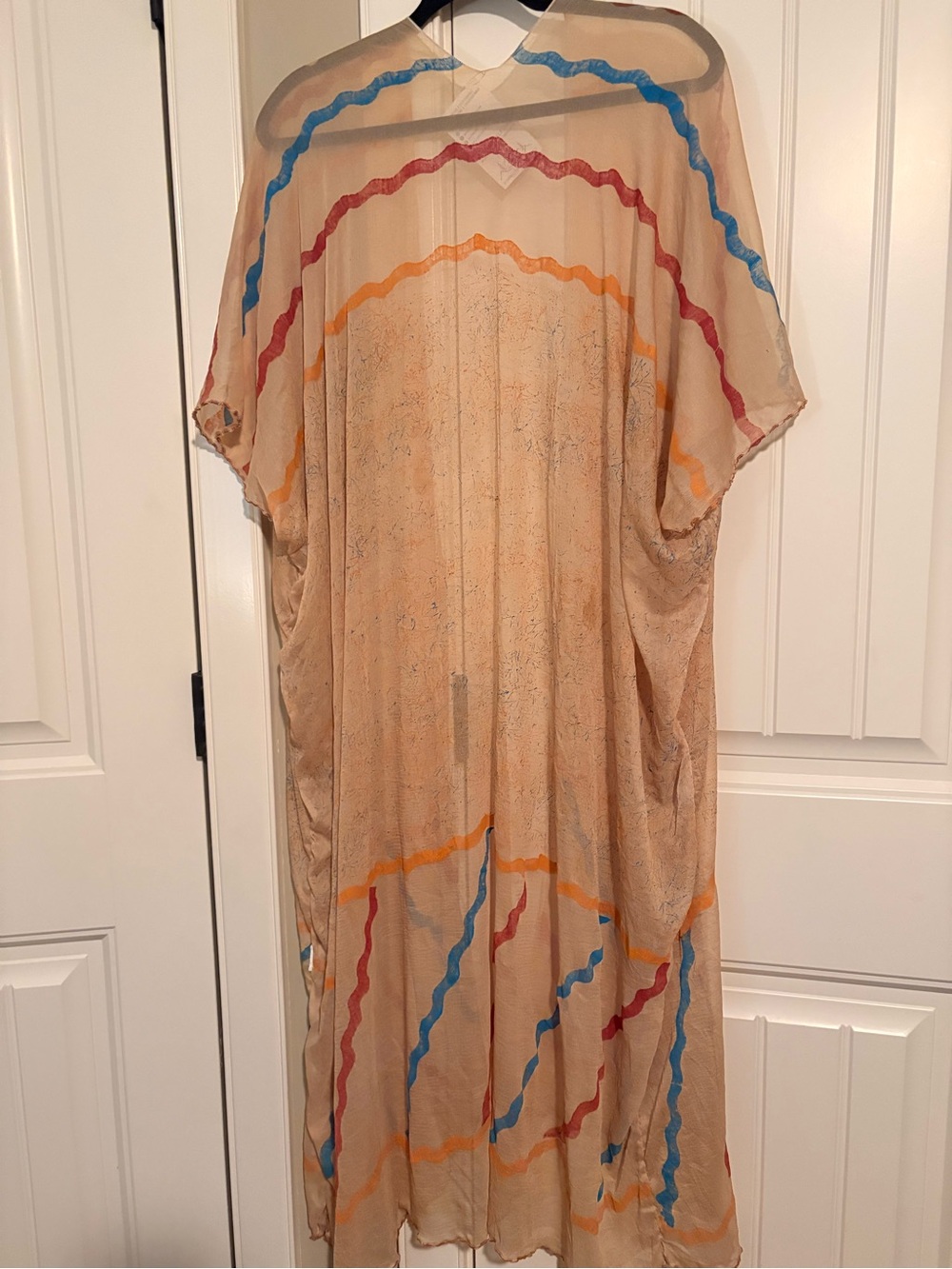 Green Bean Sheer Beige Kimono Cover-Up with Multicolor Wave Trim O/S - Picture 3 of 9